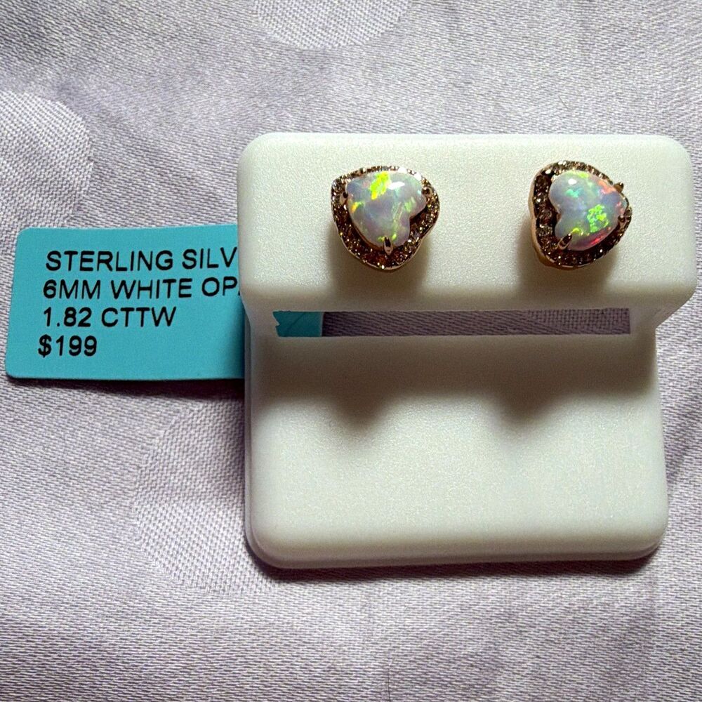 925 Sterling Silver Heart White Opal Stud Earrings 6mm 1.82 CTTW